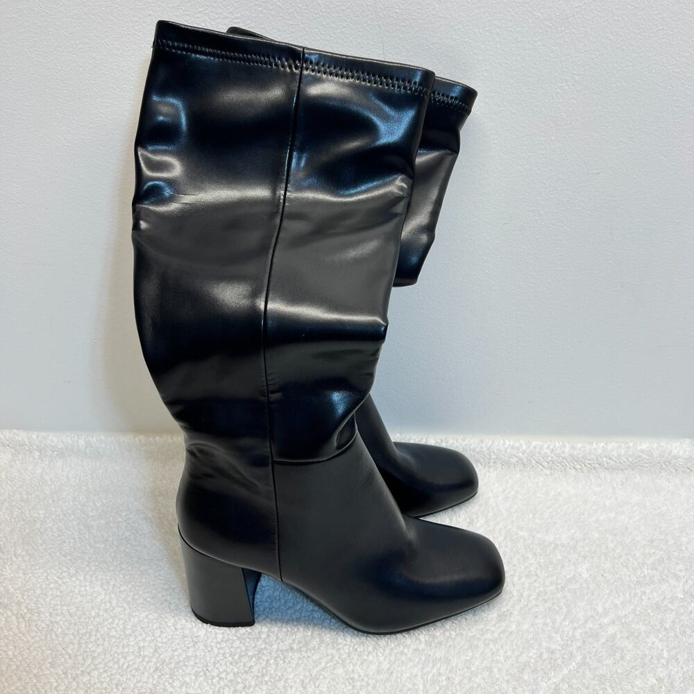Women Knee-High Boots Chunky Block Heel Almond Toe Zip Up Black Sz 7.5